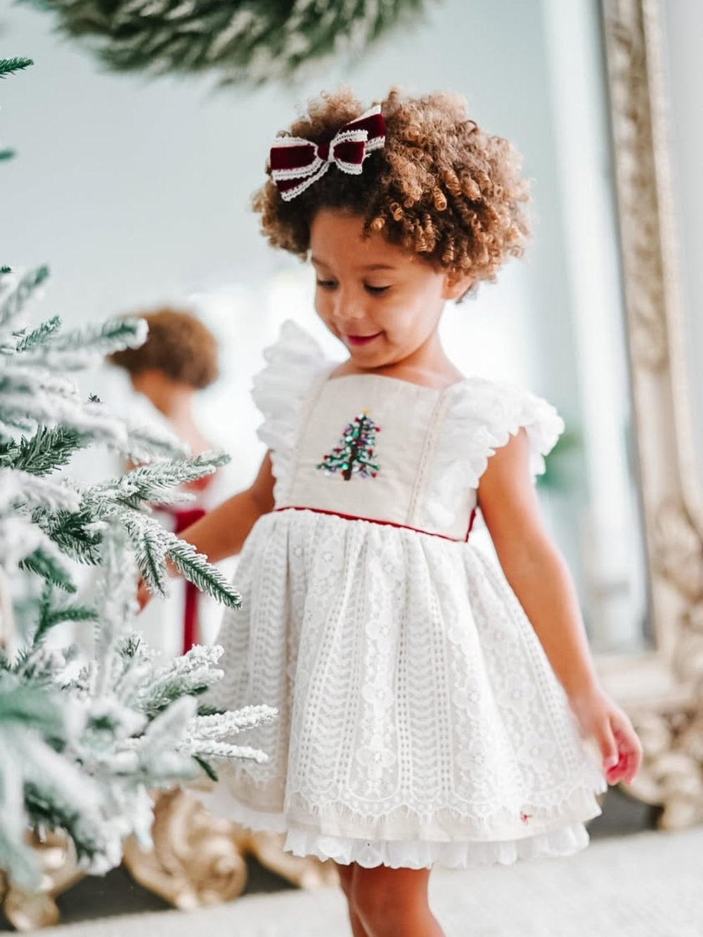 Cream Lace Holiday Dress for Girls with Embroidered Tree Detail